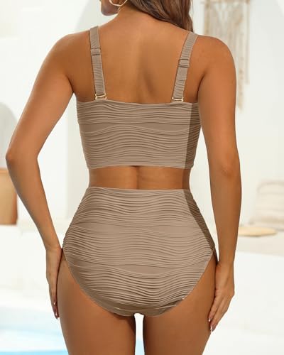 Image of High Waisted Bandeau Bikini Set - Women Strapless Two Piece Swimsuits Ribbed Longline Full Coverage Bathing Suits Swimwear