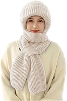 YJWZ Integrierter Gehörschutz Winddichte Mütze Schal,2 in 1 Winddichter Mützenschal Niedlich Mütze Schal Set Damen mit Brosche Winter Warm Strickmütze, Kapuzenschal für Frauen