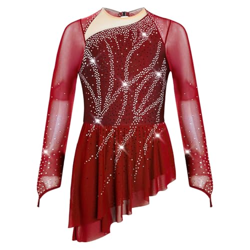 Oyolan Enfant Fille Robe Patinage Artistique Manches Longues Strass Asymétrique Robe Danse Leotard Gymastique Spectacle B Bourgogne 11-12 Ans