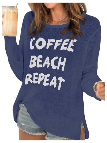 Image of Verdusa Women's Beach Cover Up Sweaters Letter Print Long Sleeve Crochet Crew Neck Knit Sweater Summer Tops