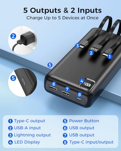 Drmare Power Bank 50000Mah Portable Charger With Built In Cable, Usb C 22.5W Fast Charging Battery Pack With 5 Outputs 2 Inputs, Powerbank With Lcd Display For Iphone 17 16 15 14 Pro Samsung Ipad - 4
