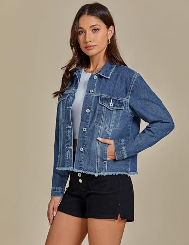 Image of luvamia Denim Jacket for Women Distressed Jean Jackets Button Up Vintage Western Trucker Jacket Frayed Hem Pockets