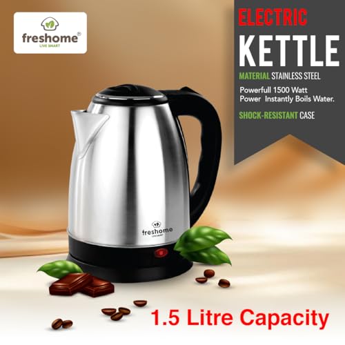 Image of FRESHOME Electric Kettle 1.5 Litre, 1500 Watts Stainless Steel Auto Shut Off Cordless Electric Water Boiler for Tea, Coffee, Milk, Hot Water, Instant Noodles (Silver & Black)