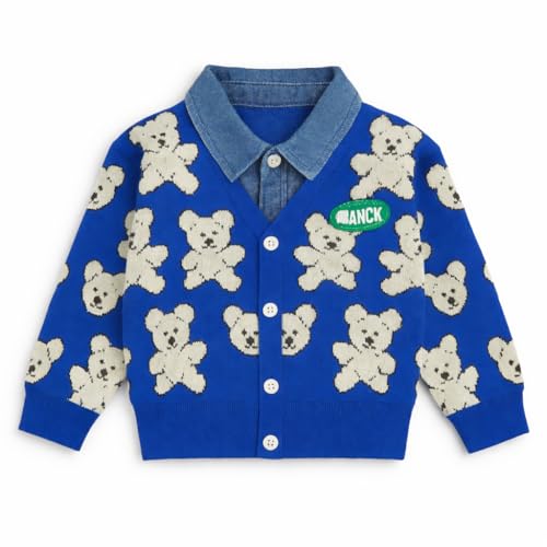 Image of Bold N Elegant Teddy Bear Cartoon Print Cardigan Jacket Attached Shirt & Denim Jeans Pant Winter Party Clothing Set for Boys Girls Kids