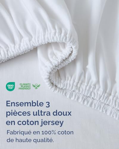 Drap-Housse Jersey Coton 90x200cm Blanc avec Taie 80x80cm