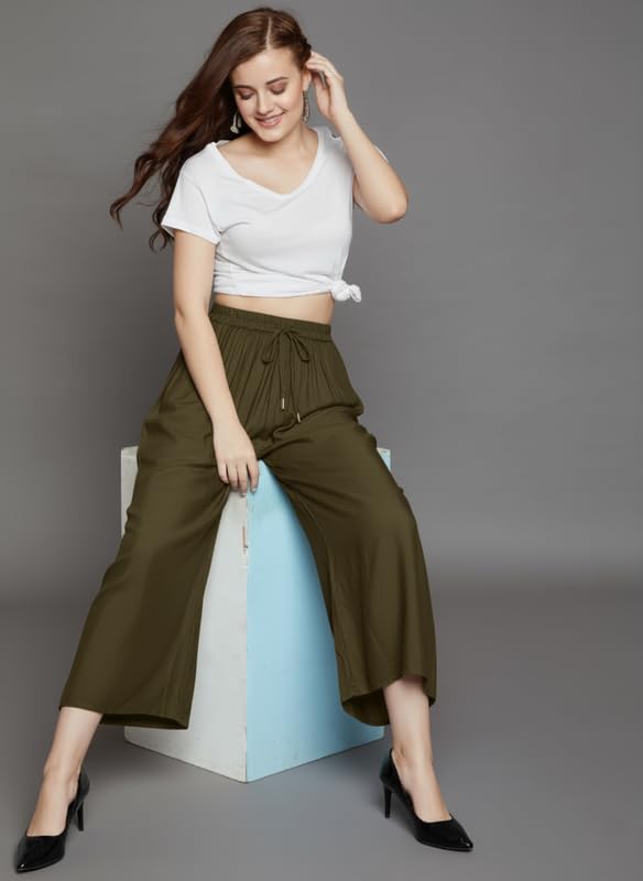 Image of Super Soft Viscose Rayon Flared Palazzo Pants for Women Stylish Wide Leg Straight Relaxed Fit Casual Ethnic Office Wear