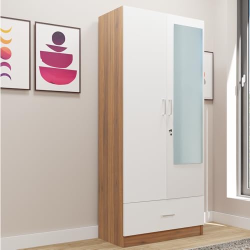 Image of VIKI Wardrobe |Wooden Almirah for 2 Door Wardrobe with 1 Drawer & Hanging Space with Mirror (Walnut |White - 40D x 80W x 180.8H) | 1 Year Warranty | Free Assembly