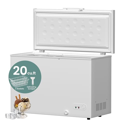 20 Cu.ft Chest Freezer Deep Freezer -9.4 to 3.2℉ Dynamic Cooling 7 Gears Control Free Standing Door Freezer with 2 Removable Basket Lock Energy Saving for Garage Kitchen Basement Dorm, White