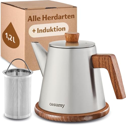 Cosumy Teekanne mit Siebeinsatz und Untersetzer - Edelstahl & FSC Holz - Induktion und alle anderen Herdarten - 1200ml