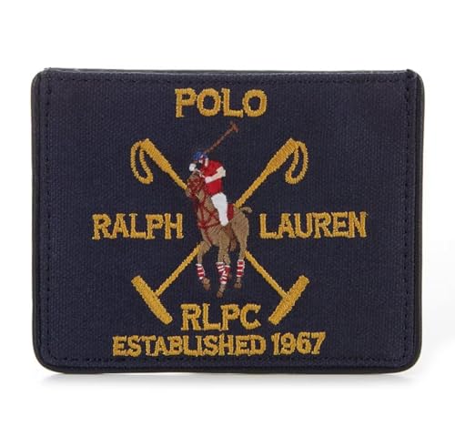 Polo Ralph Lauren Capa masculina de lona e couro para cartão de identificação fina (Newport Navy), Newport azul-marinho, Capa de cartão fina de couro e lona bordada