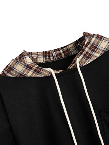 Sweatyrocks Women's Casual Plaid Long Sleeve Hooded Sweatshirt Drop Shoulder Drawstring Hoodie With Pocket Stripe Black Medium #TOP2