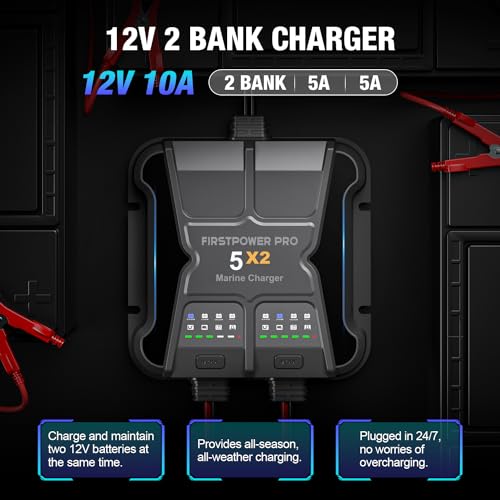 2 Bank Marine Battery Charger 5X2, 10A (5A/Bank) - 12V Waterproof Onboard Battery Charger, Battery Maintainer & Desulfator for SLA/AGM, Lithium (LiFePO4), Calcium & Deep-Cycle Battery- Charged 24/7