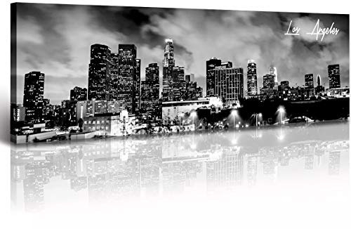 Image of Black and White Los Angeles Skyline Canvas Wall Art Framed 13.8 inch x 47.3 inch | Panoramic Skyline Print, Ready to Hang for Bedroom, Office, Living Room Decoration