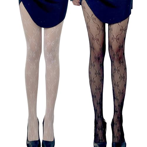 CXNXFD 2 stycken dam svart vit strumpbyxor rosett mönster fisknät strumpor tunn spets hög midja strumpbyxor sexig charmig mode alla matchande leggings, Svart och vit, one size