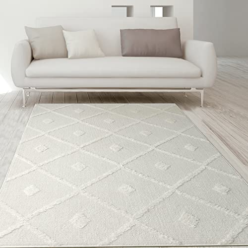 Image of Antep Rugs Palafito 5x7 Geometric Shag Diamond High-Low Pile Textured Indoor Area Rug (White, 5'3" x 7'6")