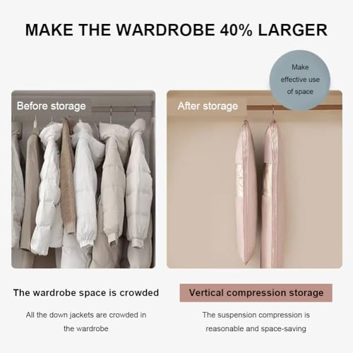 Space Saving Hanging Garment Bag with Self Compression Zipper,Space Saver Closet Organizers,Dust Cover Clothes Bags for Down Coat (Beige, L) 5