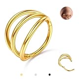 BodyBonita Triple Hoop Nose Ring - 14K Gold Plated 316L Stainless Steel Septum Clicker 16G Conch Piercing Jewelry Helix Rook Tragus Lip Rings Cartilage Earring 8 mm