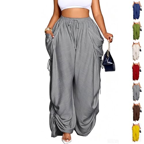 Pantalon large taille haute pour femme avec cordon réglable en coton fluide