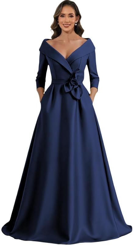 Satin 3/4 Sleeve Mother of The Bride Dresses with Pockets V Neck A-Line Flower Formal Gown - Image 5