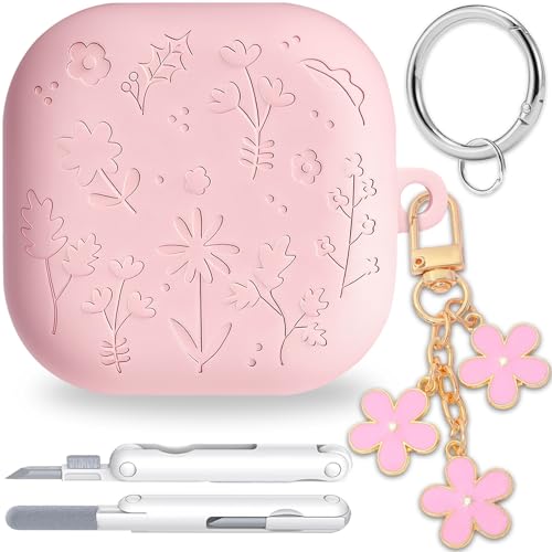 Coque Galaxy Buds 4 gravée fleurs rose parfait pour le sac à main