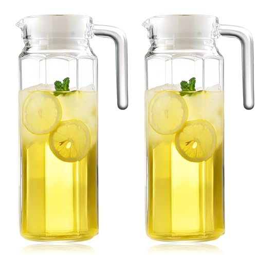 WIYETY Lot de 2 pichets à eau transparents avec couvercle : pichet à jus transparent de 1,1 l avec couvercle, bouteille d'eau en acrylique, pichet à thé glacé en plastique avec poignée, pour vin,