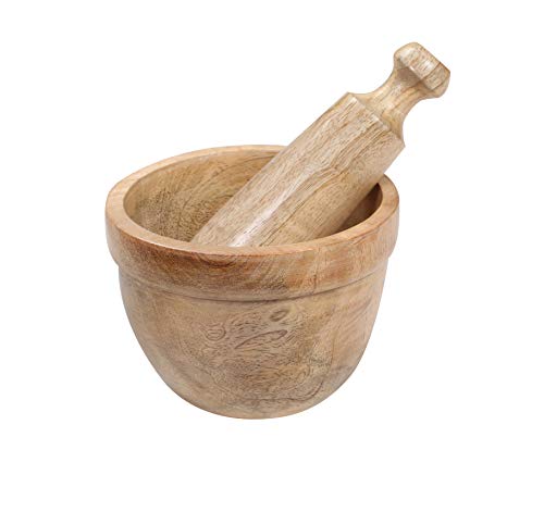 Handmade Wooden Mortar & Pestle Set Rustic Style Herb Spice Grinder Masala Mixer Manual Kharal Mashing Bowl Seasonings Pill Crusher Kitchen Utensils, Garlic Press, Coffee Grinder - 4 Inch - Natural #TOP17