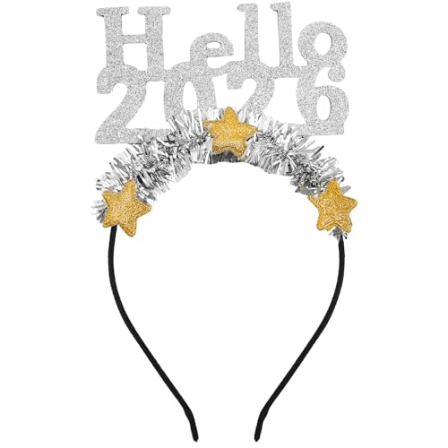 YIAJIA Happy New Year Headband, Hello 2026 New Years Headbands, Silver Sparkling Star Headband, New Year Headbands for Adults Kids for New Year's Eve, Evening Parties, and Parties (Silver, 1)