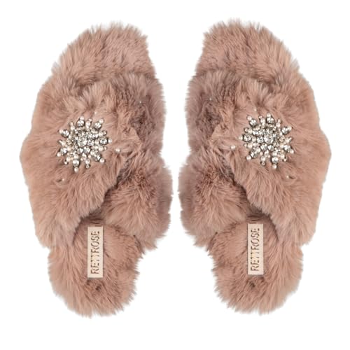 Alice Mink Luxury Plush Handmade Slippers for Women – Faux Fur Comfort Slip-On with Diamanté Embellished Appliqué UK 4–8
