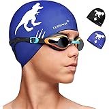 FUNOWN Silikon-Badekappe für Jungen / Mädchen / Kinder, 3D-weich, Dehnbar, Langlebig und rutschfest, Badekappe mit Beschichtetem Cartoon-Muster, Geräumig, Einfach an- und Auszuziehen (Dunkelblau)