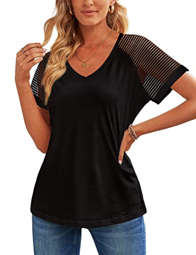 Weeso V Neck T Shirts For Women Patchwork Short Sleeve Soft Tops Basic Tees Dressy Casual L Black #TOP3