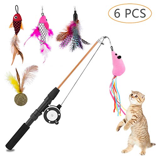 zedela Jouets interactifs en Plumes, Ensemble de Jouets pour Chats Contient Une Canne à pêche rétractable pour taquiner Les bâtons de Chat, 4 têtes de Remplacement et Un Jouets à l'herbe à Chat