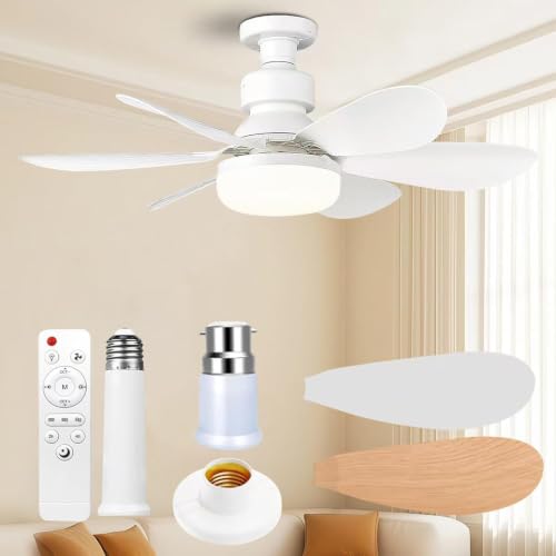 Ceiling Fan Light FIBRAVE E27 Fan Lights with Remote Control Stepless Dimmable 30W 1800 Lumens 3000-6500K 3-Color 3-Speed Small Ceiling Fan with Light for Bedroom Kitchen Bathroom (White)