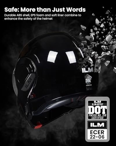 ILM Klapphelm Motorradhelm Integralhelm Herren Damen ATV UTV mit 180° Umkehrbarer Kinnschutz ECE22.06 Model-B707,Schwarzer Glanz, M