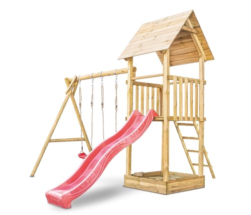 Wood&Play Harry Torre de Juego con Columpio Doble - Juguetes de Madera para Exterior, Equipo de Juego de Madera para el jardín, fácil de Montar, 297x343cm
