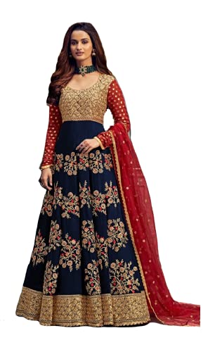 Alamara Fashion Ready To Wear Indian Pakistani Party Wear Wedding Wear Abhay Style Anarkali Gown Suit for Women (Navy Blue, L) (AF-31)