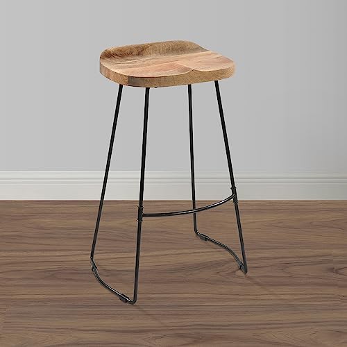 Butaco artesanal TIVA de 30 pulgadas, asiento de madera de mango marrón natural y base metálica negra, estilo industrial, con reposapiés miniatura 2