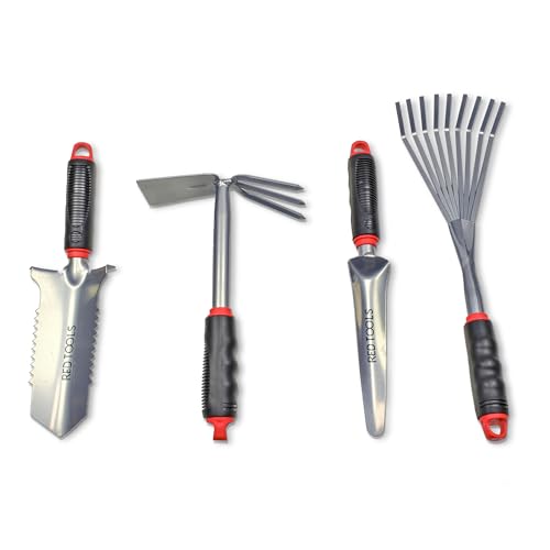 Red Tools Profi Garten -Set 4 TLG. - Multifunktions- Gartenschaufel mit Wurzelsäge, Kombihacke, Pflanzkelle & Handrechen für präzise Arbeiten im Garten (Grau)
