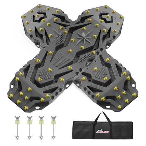 Image of Nilight Recovery Off-Road Traction Boards 2Pcs 43 inchL x 13.3 inchW with Yellow Teeth for 4WD 4X4 Mud Sand Snow Includes 2PCS Mounting Kit & Carry Bag (Grey)