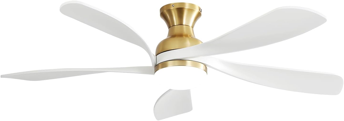 52" Modern Ceiling Fan with 5 Solid Wood Blades, 6 Speeds, Remote Control, 3 Color LED Change Light, Reversible DC Motor Ceiling Fan for Living Room, Dining Room White One Size