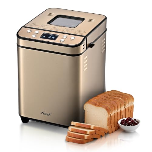 Image of Rosewill 25-in-1 Automatic Bread Maker Machine with 3 Loaf Size up to 2LB, 700W High Power Dual Heater Bread Maker with BPA-free Nonstick Coating Pan, Max 15 Hours Delay Timer, Low Noise - Honey