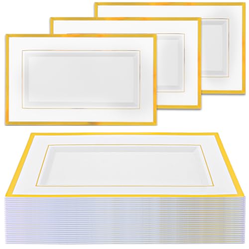 LDXDRU 20 Pack Plastic Serving Platters, 33 x 20cm / 13 x 8 Inch Rectangle Plastic Trays Platters, White & Gold Rim Serving Trays for Weddings Birthdays Graduation Parties