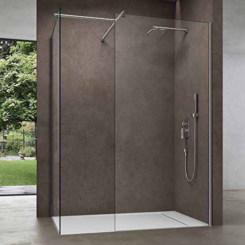 doporro Box Doccia Walk-In Due Lati Fissi 120x80cm, Parete Doccia Anticalcare in Cristallo Trasparente da 8mm con Braccio Sostegno Telescopico in Acciaio Bremen01K-T