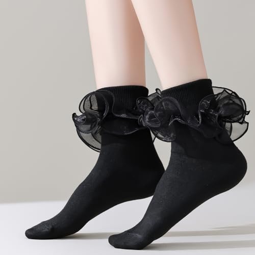 Mini Angel Ruffle Socks for Women - Double Lace Frilly Ankle Cotton Turn Cuff Crew Princess Lolita2