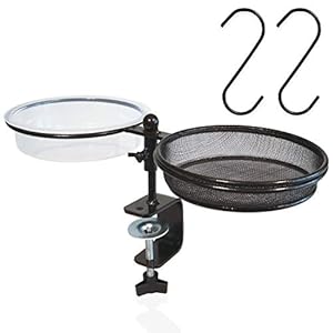 llevantics Dek Vogel Voeder Bad – Reling Gemonteerd met Zaadbak en Waterbak Verstelbare Klembeugel voor Eenvoudige Installatie Gepoedercoat Zwart Staal Vervolledigd met 2 Multifunctionele S-haken