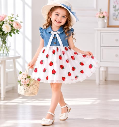 Image of Bold N Elegant Cap Sleeve Denim Embroidered Midi Party Dress Frock with Hat Dress for Infant Toddler Girl Baby Girl