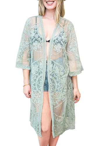 Image of Anna-Kaci Women's Long Embroidered Lace Kimono Half Sleeve Cover Up Cardigan