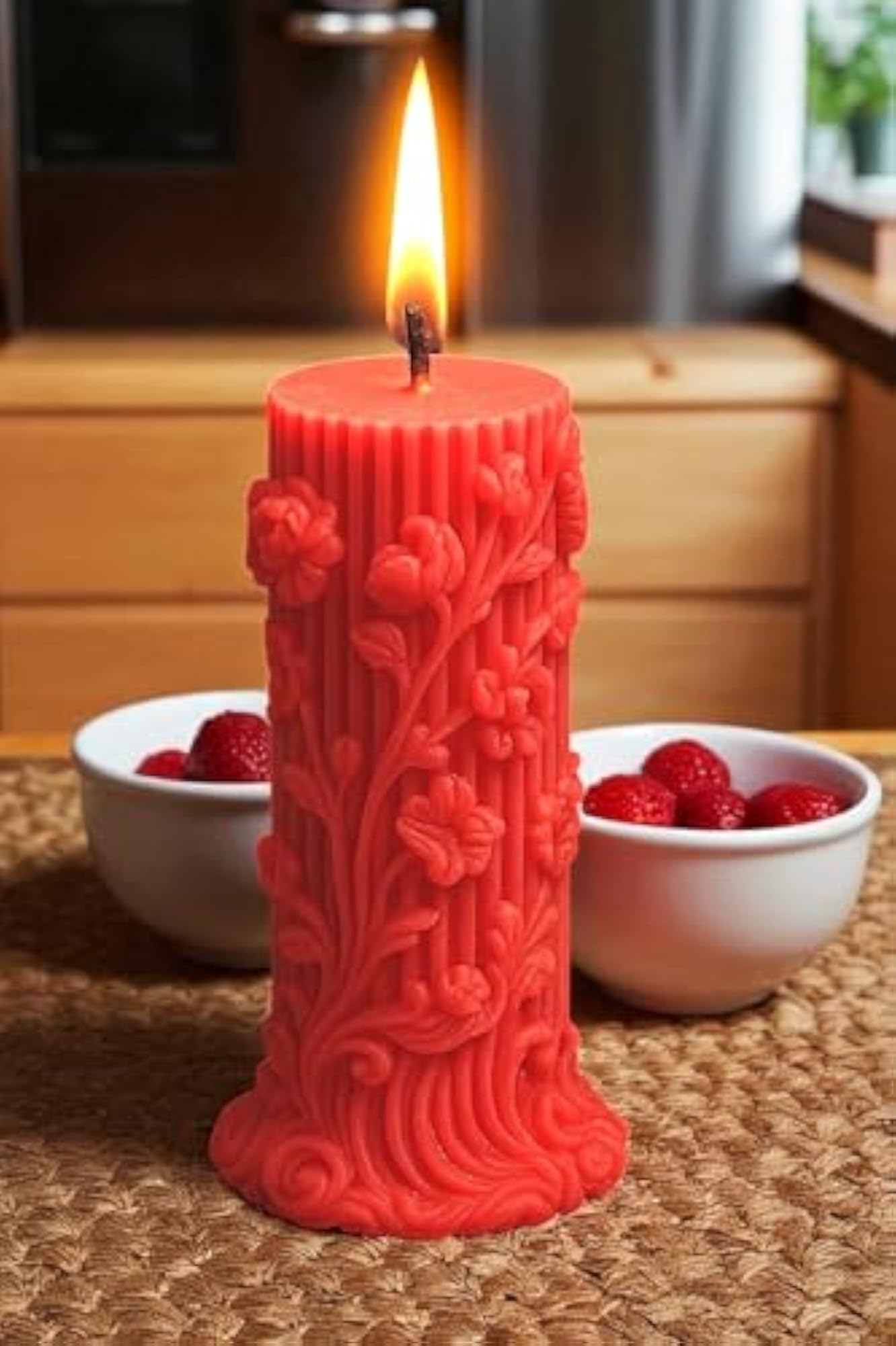 Handmade Red Designer Candle, Floral Pattern Gift