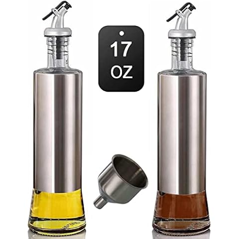 Mincham Olivenölspender-Flasche 482 ml , Ölspenderflasche für Küche, Premium-Glas-Edelstahl-Öl- und Essig-Menage mit Ausguss und Ausgießtrichter Cover