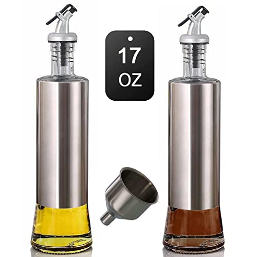 Mincham Olive Oil Dispenser Bottle 17Oz (2 Pack), Oil Dispenser Bottle For Kitchen, Premium Glass Stainless Steel Oil And Vinegar Cruet, With Spout And Pouring Funnel, No-Drip Oil Bottle #TOP5