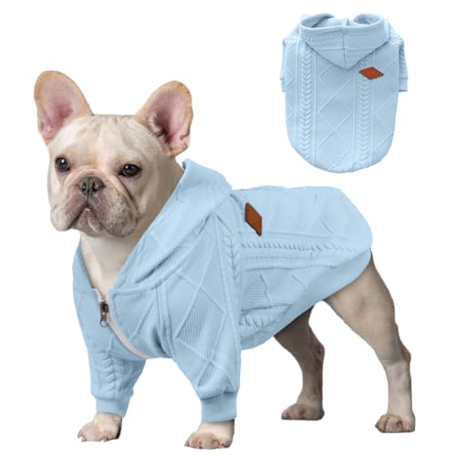 meioro Dog Sweater Pet Dog Clothes Soft Dogs Knitwear Coat Hooded Dog Jacket Dog Knit Jumper with Zipper Pet Clothing Warm Winter Puppy French Bulldog Pug Vest (XL, Light Blue)
